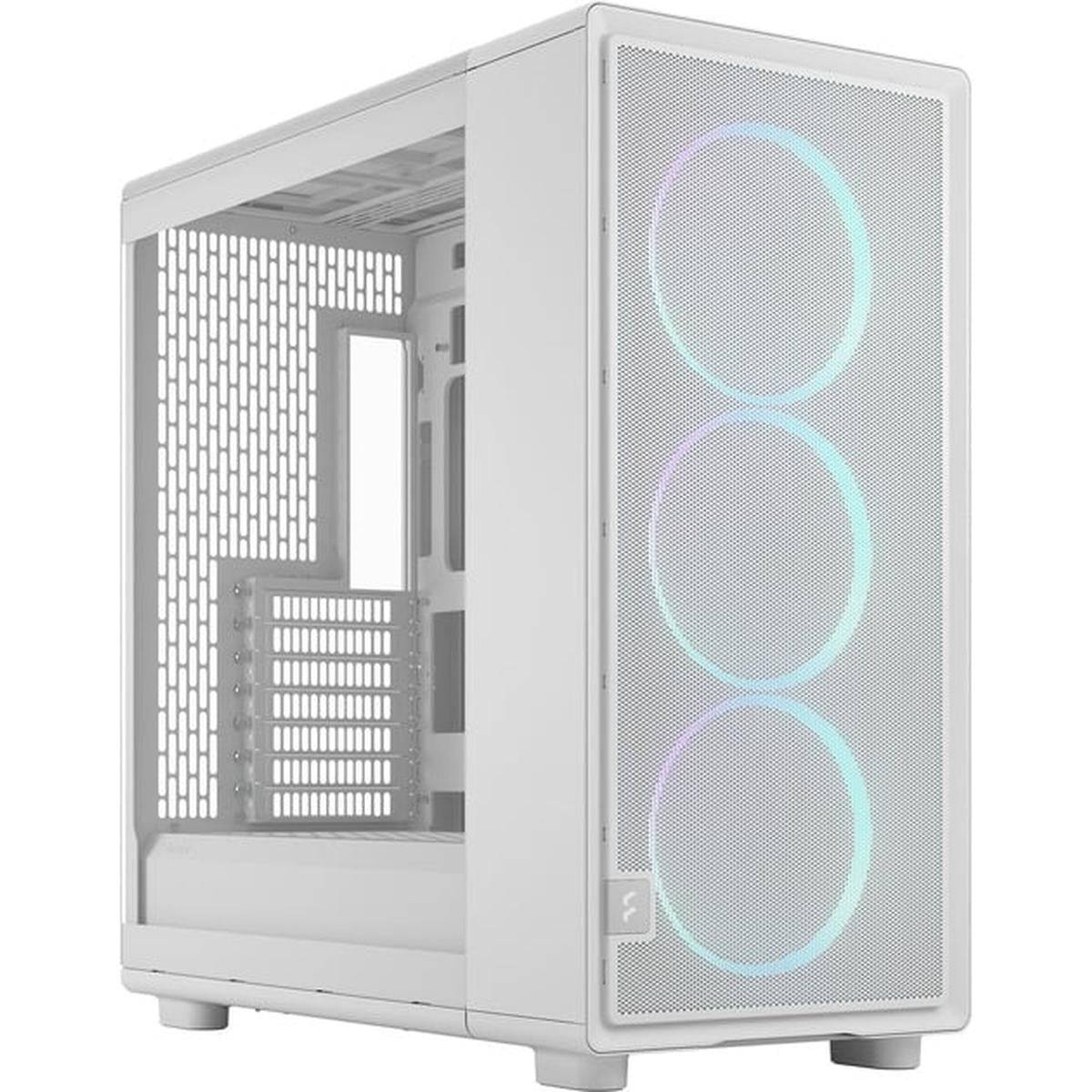 Weißes Computer-Gehäuse mit Mesh-Frontblende, ausgestattet mit drei RGB-beleuchteten Lüftern, die von vorne sichtbar sind. Die Seitenwand ist transparent.