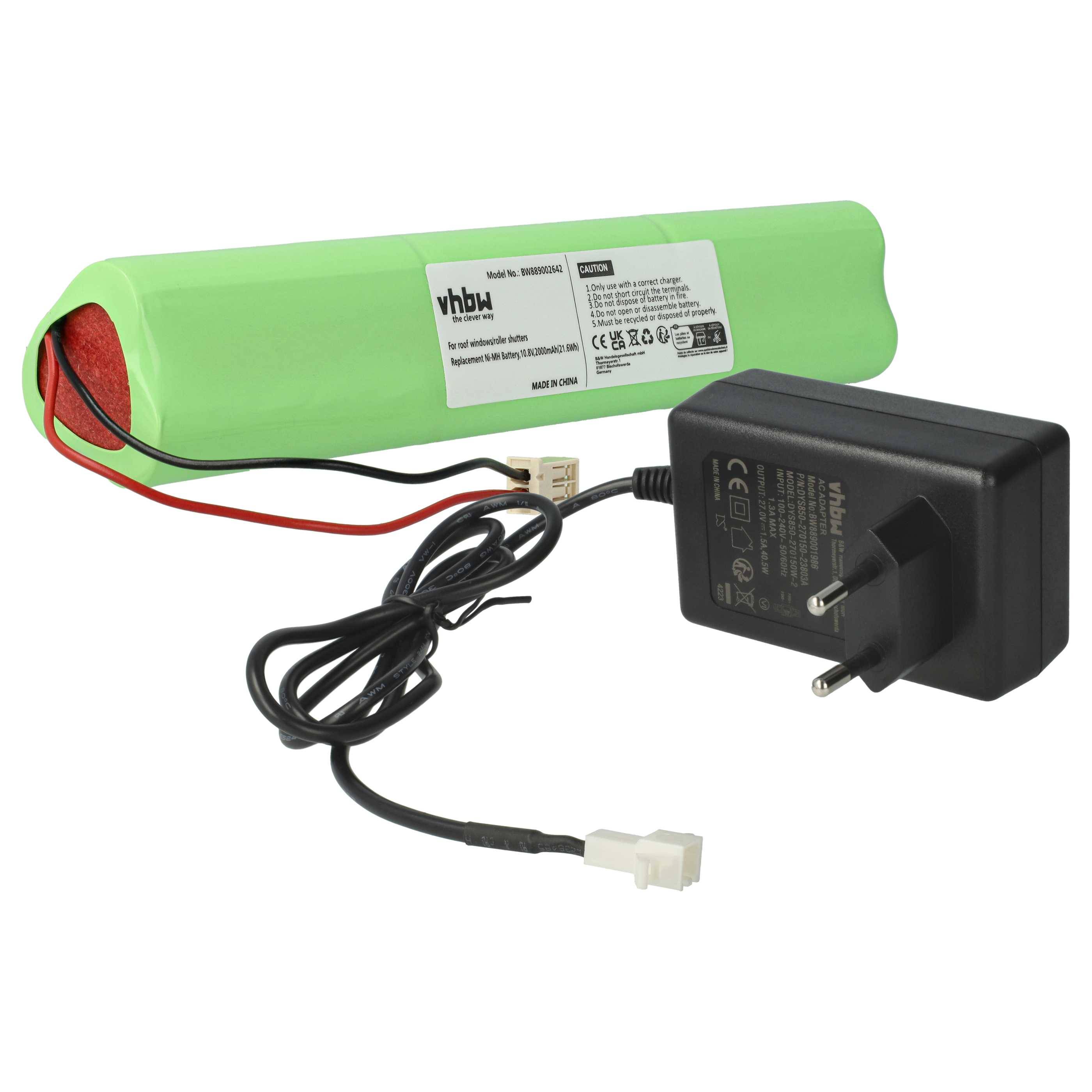 Eine zylindrische grüne wiederaufladbare Batterie mit angeschlossenen Kabeln und einem schwarzen Netzteil mit einem europäischen Stecker.
