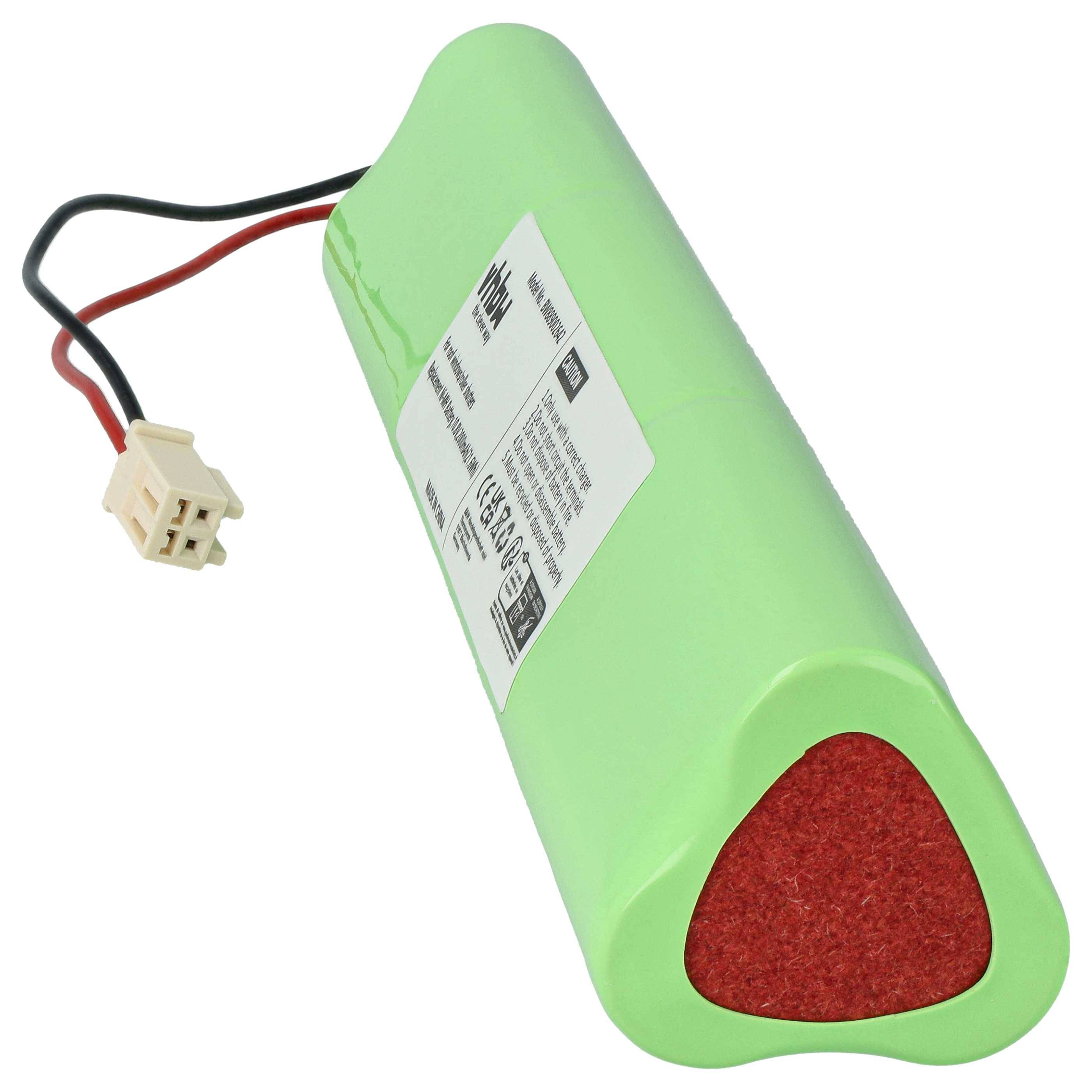 Ein grünes dreieckiges Batteriepack mit einem roten texturierten Ende, versehen mit einer Beschriftung und Kabeln, die in einen weißen Steckverbinder enden.