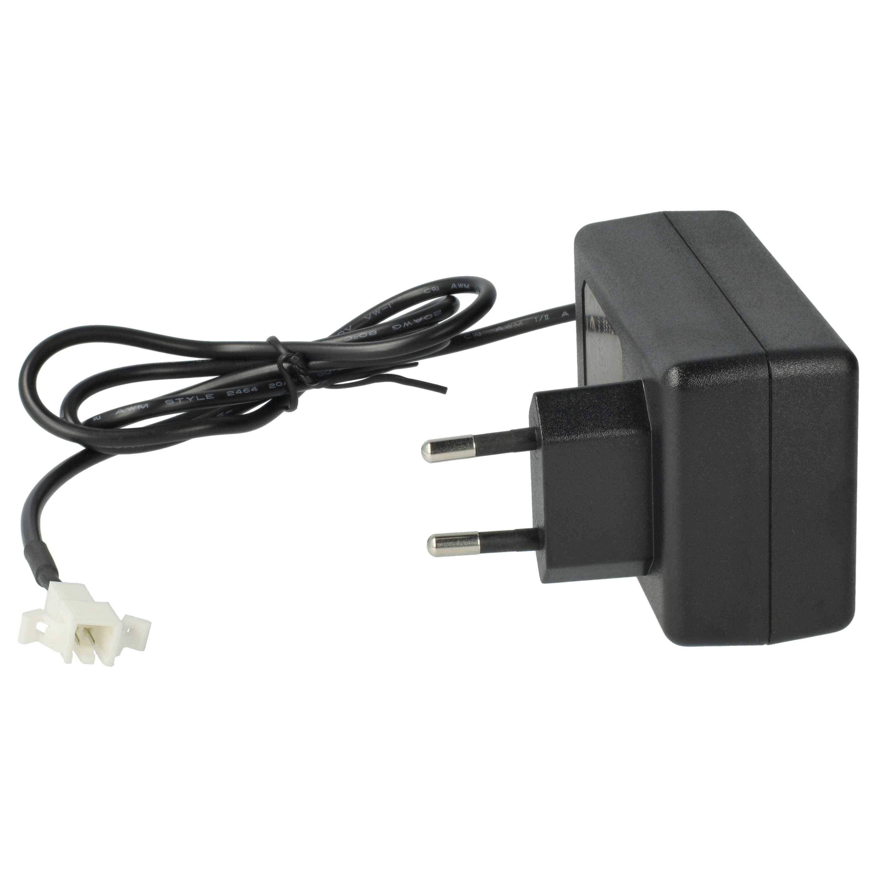 Ein schwarzer Zwei-Stift-Netzadapter mit einem angeschlossenen Kabel, das in einem kleinen weißen Plastikstecker endet, der normalerweise für elektronische Geräte verwendet wird.