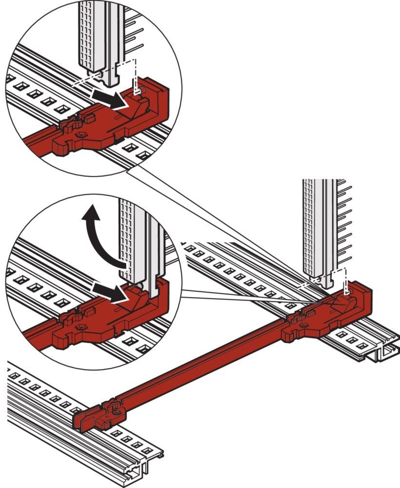 Eine Illustration, die eine mechanische Komponente zeigt, die in Rot hervorgehoben entlang einer Metallschiene installiert wird. Insets detaillieren den Verriegelungsmechanismus.