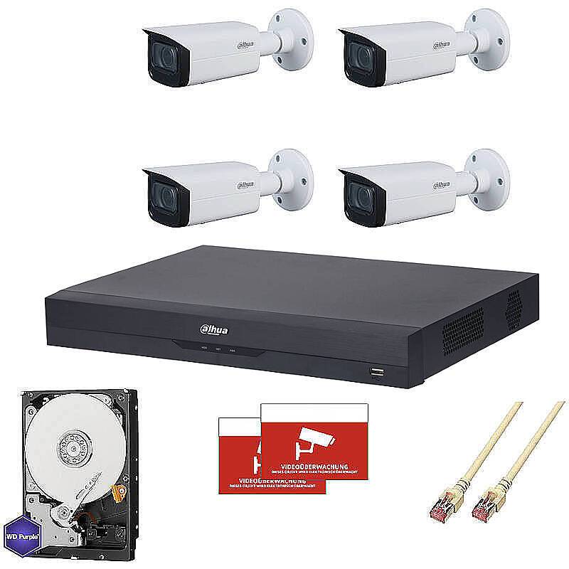 Dahua Set IP 4x Bullet 4K PoE + 8-CH NVR, Set-Inhalt:2x Aufkleber, 4x Bullet Kamera, NVR Rekorder, 4 TB Festplatte, 4x