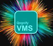 Das Bild zeigt den Text ‚Qognify VMS', der auf einem türkisfarbenen Quadrat zentriert ist, mit bunten, radialen Lichtstreichen, die im Hintergrund ausstrahlend hervorbrechen.