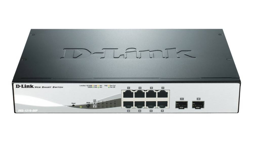 D-Link Web Smart Switch mit acht Ethernet-Anschlüssen und zwei SFP-Anschlüssen auf der Frontplatte.