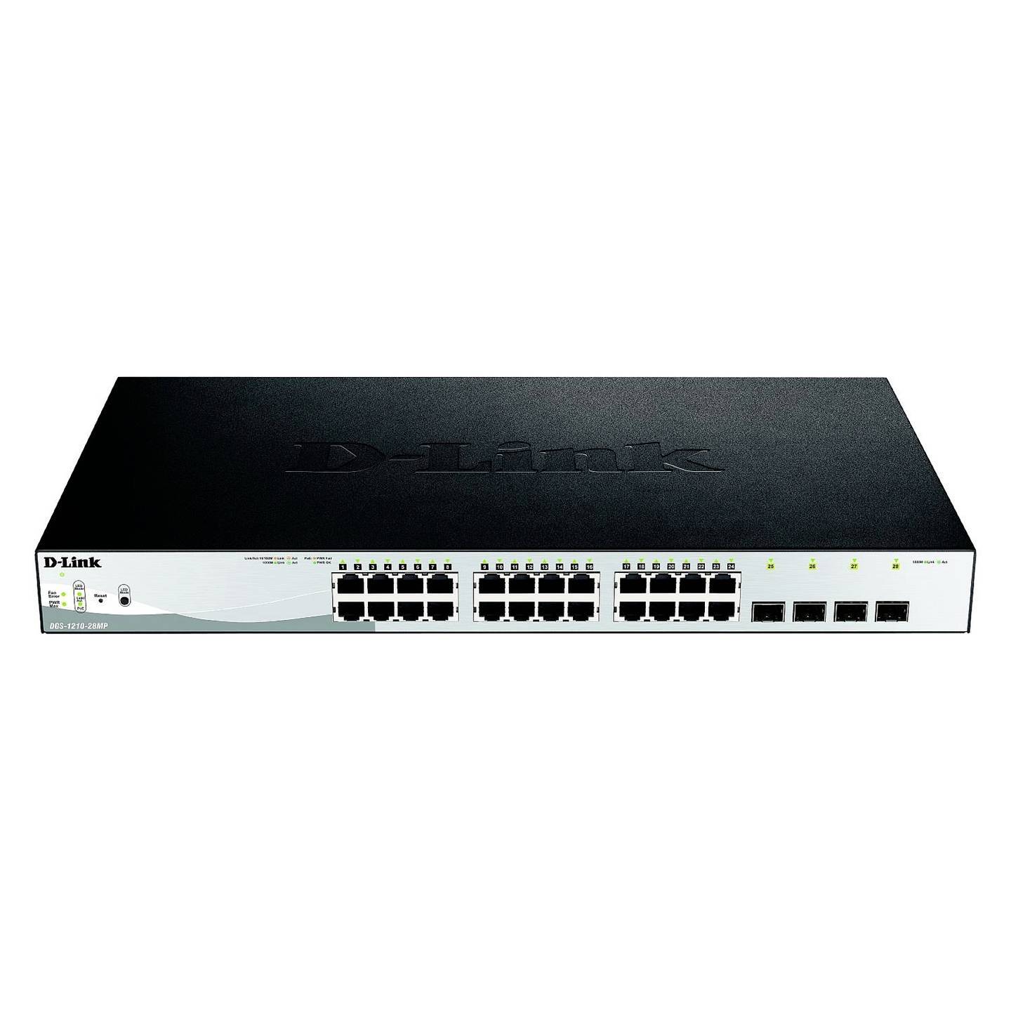 Vorderansicht eines D-Link-Netzwerk-Switches mit mehreren Ethernet-Anschlüssen und Statusleuchten auf weißem Hintergrund.