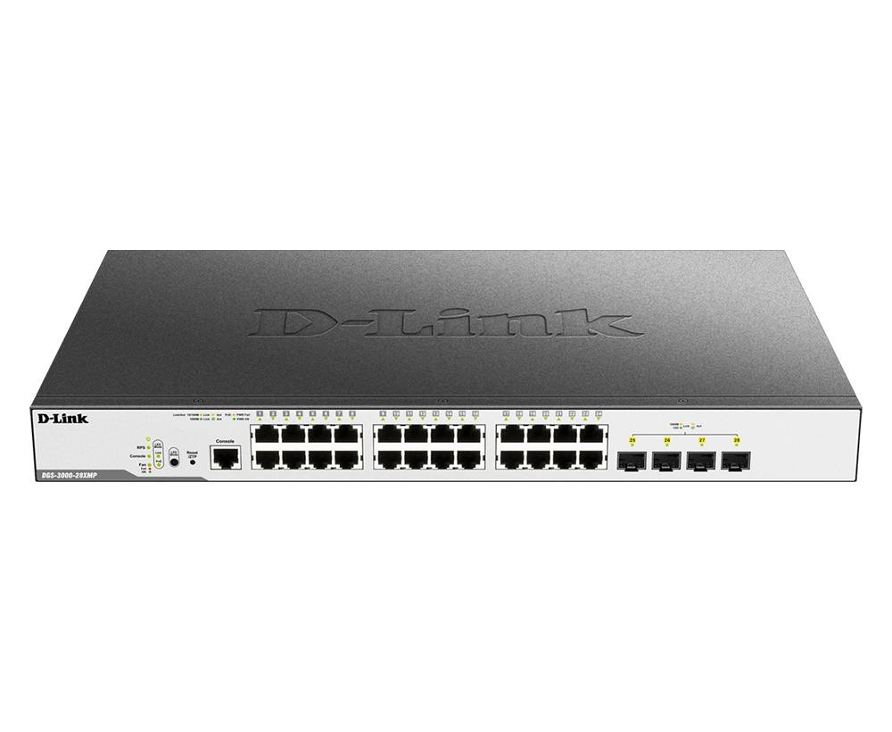 Vorderansicht eines D-Link Rackmount-Netzwerk-Switches mit mehreren Ethernet-Anschlüssen und Statusleuchten auf schwarzem Hintergrund.