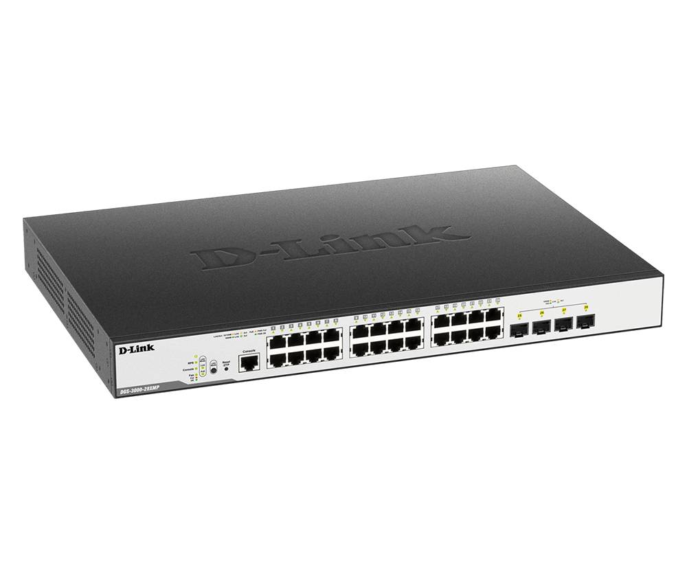 D-Link Rack-Mount Ethernet-Schalter mit mehreren Netzwerkports und Statusleuchten auf der Frontblende.