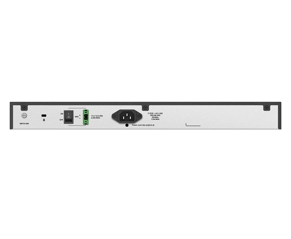 Rückseite eines in ein Rack eingebauten Stromgeräts mit Schalter, Anschlussblock und AC-Stromeingang auf einer weißen Frontplatte