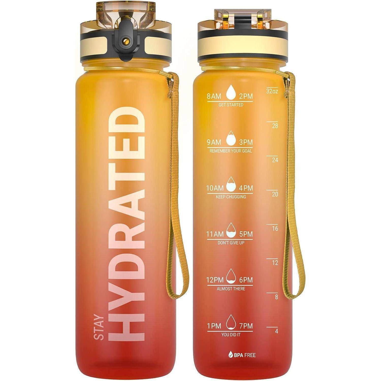 Zwei Wasserflaschen mit einem Farbverlauf von Orange nach Rot, gekennzeichnet mit Motivationszeiten: '8 Uhr - Lass uns starten' bis '21 Uhr - Du hast es geschafft'. Text: 'BLEIB HYDRATISIERT'.