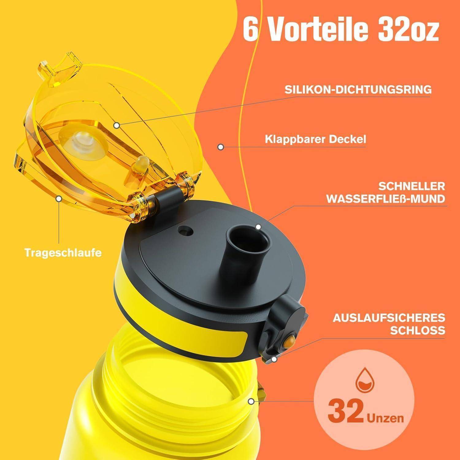 Gelbe Wasserflasche mit faltbarem Deckel. Merkmale umfassen eine Silikonversiegelung, einen schnellen Auslauf und eine auslaufsichere Verriegelung. Fassungsvermögen: 32 oz.