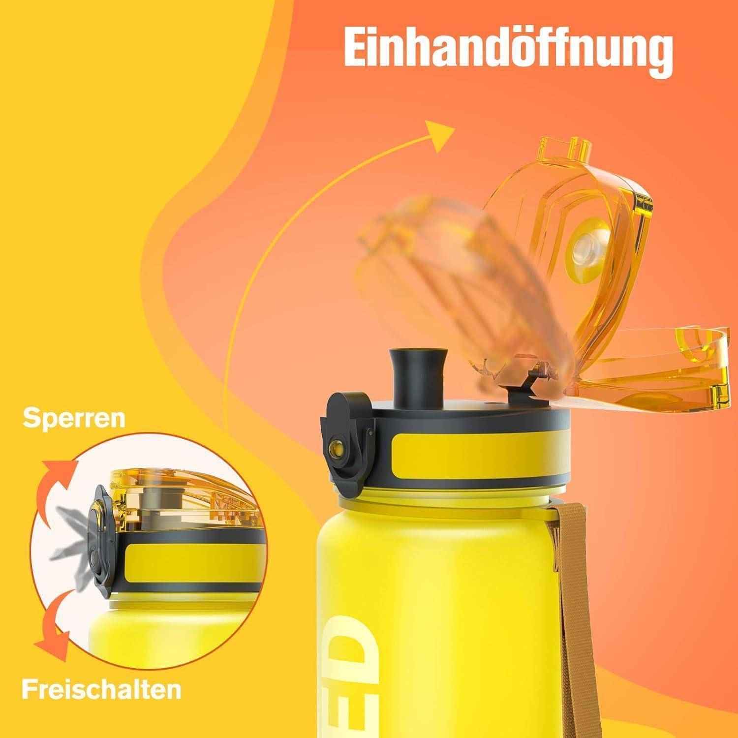 Ein Flaschenverschluss mit deutscher Beschriftung 'Einhandöffnung', der ein Klapp-Design mit Verriegelungs-/Entriegelungsfunktion zeigt, dargestellt mit Pfeilen.