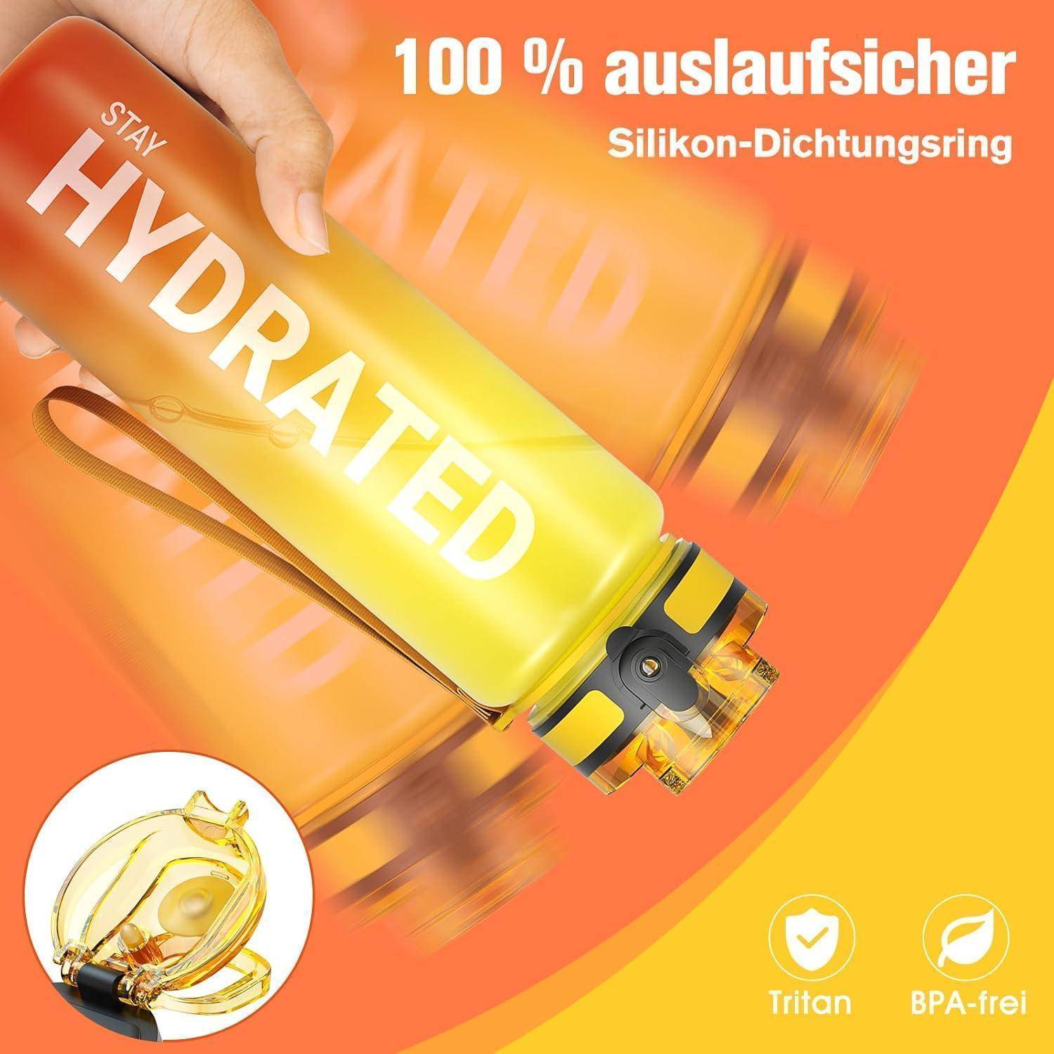 Gelbe Wasserflasche mit 'STAY HYDRATED' Schriftzug, Verschlussdeckel-Abbildung und hervorgehobenen Merkmalen: 100% auslaufsicher, Silikon-Dichtungsring, Tritan, BPA-frei.
