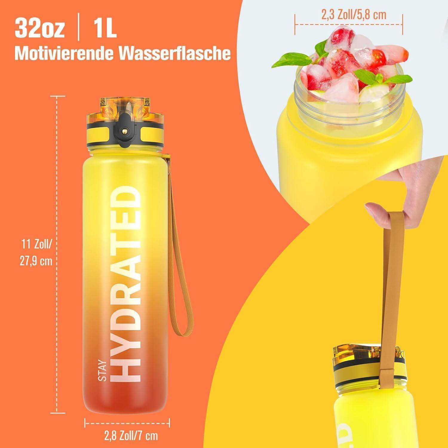 Zwei orangefarbene Wasserflaschen mit der Aufschrift 