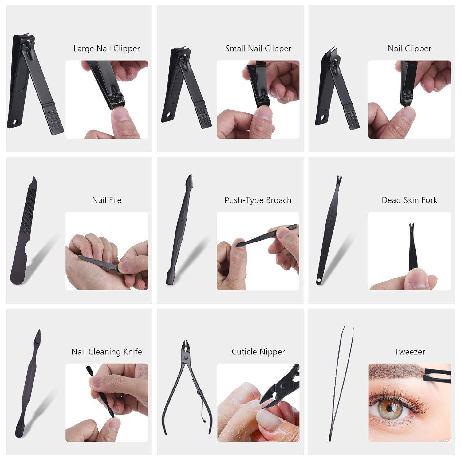 Ein 12-teiliges Maniküre-Set bestehend aus großen und kleinen Nagelscheren, einer Nagelfeile, einer Schiebedorn-Pinzette, einer Hornhautgabel, einem Reinigungsmesser, einer Nagelhautschere und einer Pinzette.