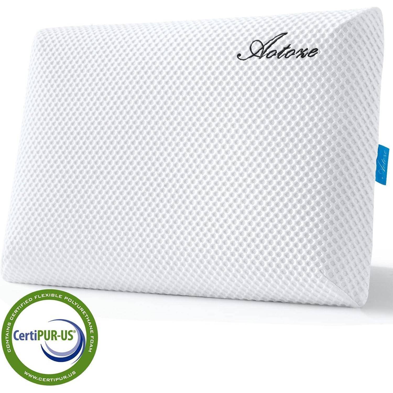 Weißes Speicherschaum-Kissen mit einer strukturierten Oberfläche und blauem Etikett, beschriftet mit 'Aotoze'. Ausgestattet mit dem CertiPUR-US-Zertifizierungslogo.