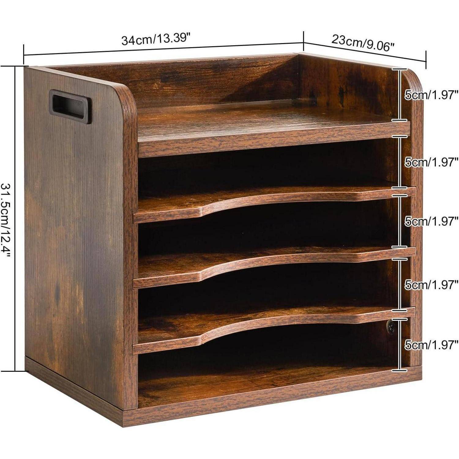 Holz-Schreibtisch-Organizer mit vier Regalen, jedes 5 cm hoch, mit Maßen von 34 cm Breite, 31,5 cm Höhe und 23 cm Tiefe, ausgestattet mit seitlichen Griffen.