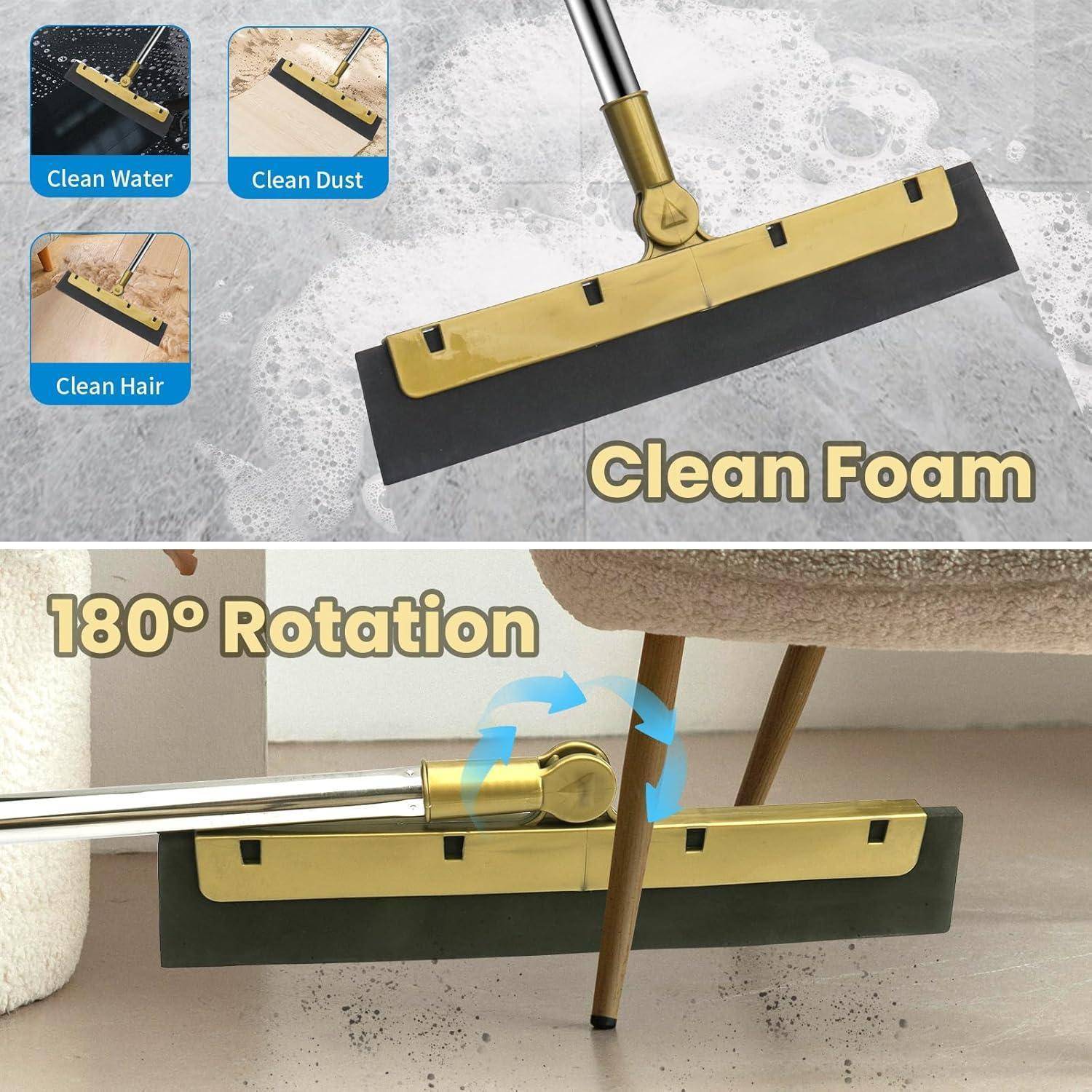 Reinigung mit einem Abzieher unter Verwendung von Schaum und 180°-Drehung. Eingesetzte Bilder zeigen die Reinigung von Wasser, Staub und Haaren. Text liest sich „Reiner Schaum