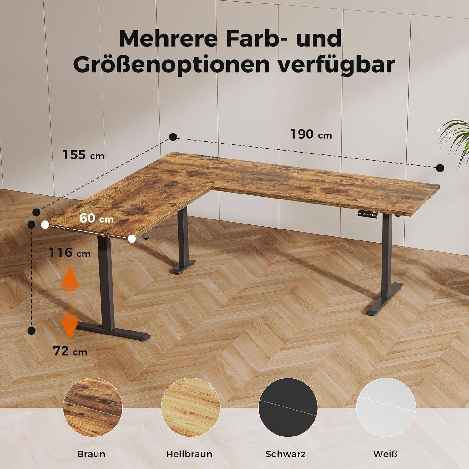 Ein Holz-L-förmiger Schreibtisch mit Abmessungen: 155 cm x 190 cm, 60 cm breit, 116 cm und 72 cm hoch. Erhältlich in den Farben: braun, hellbraun, schwarz, weiß.