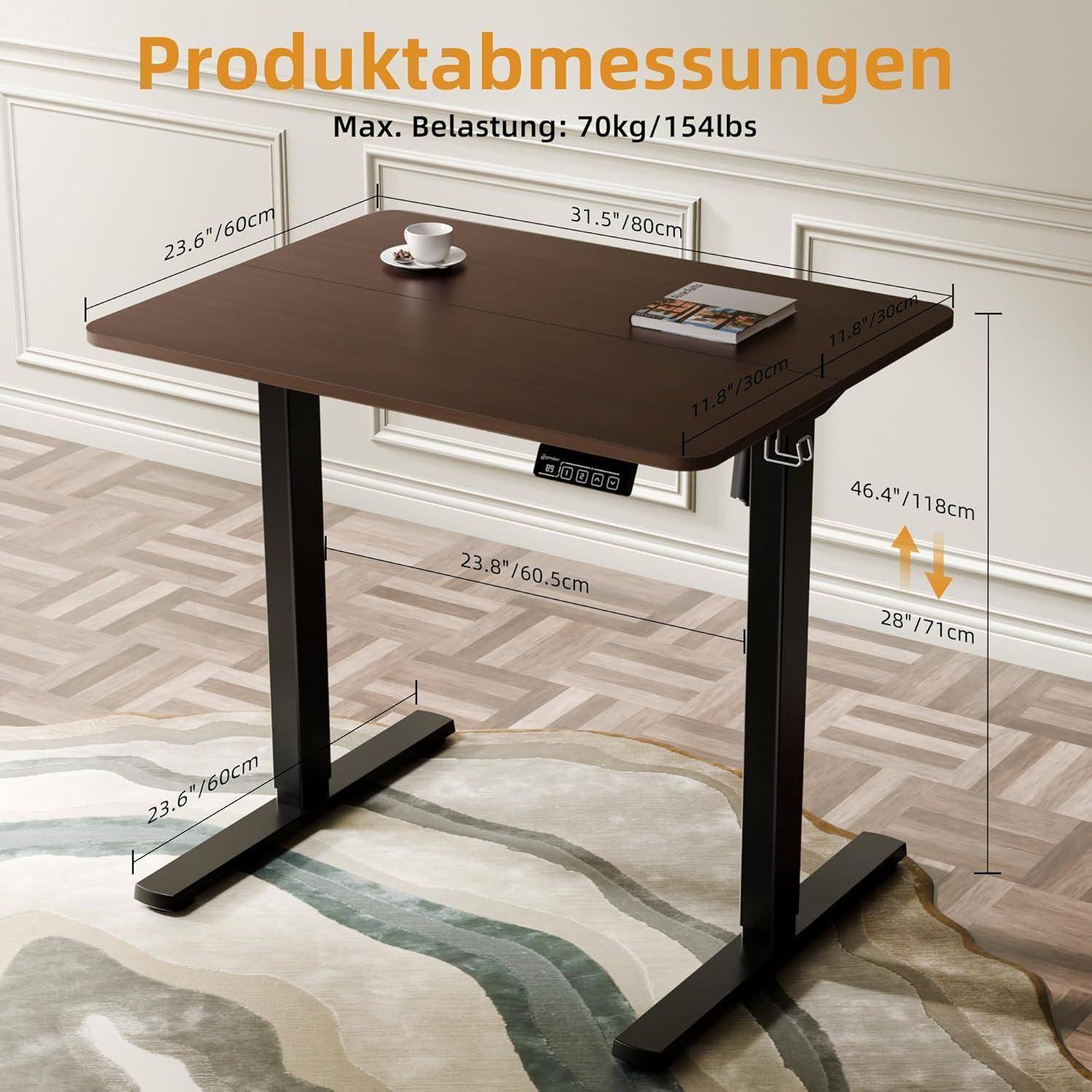 Produktabmessungen: 31,5 x 23,6 Zoll; höhenverstellbar von 28 bis 46,4 Zoll. Max. Belastung: 70 kg/154 lbs.