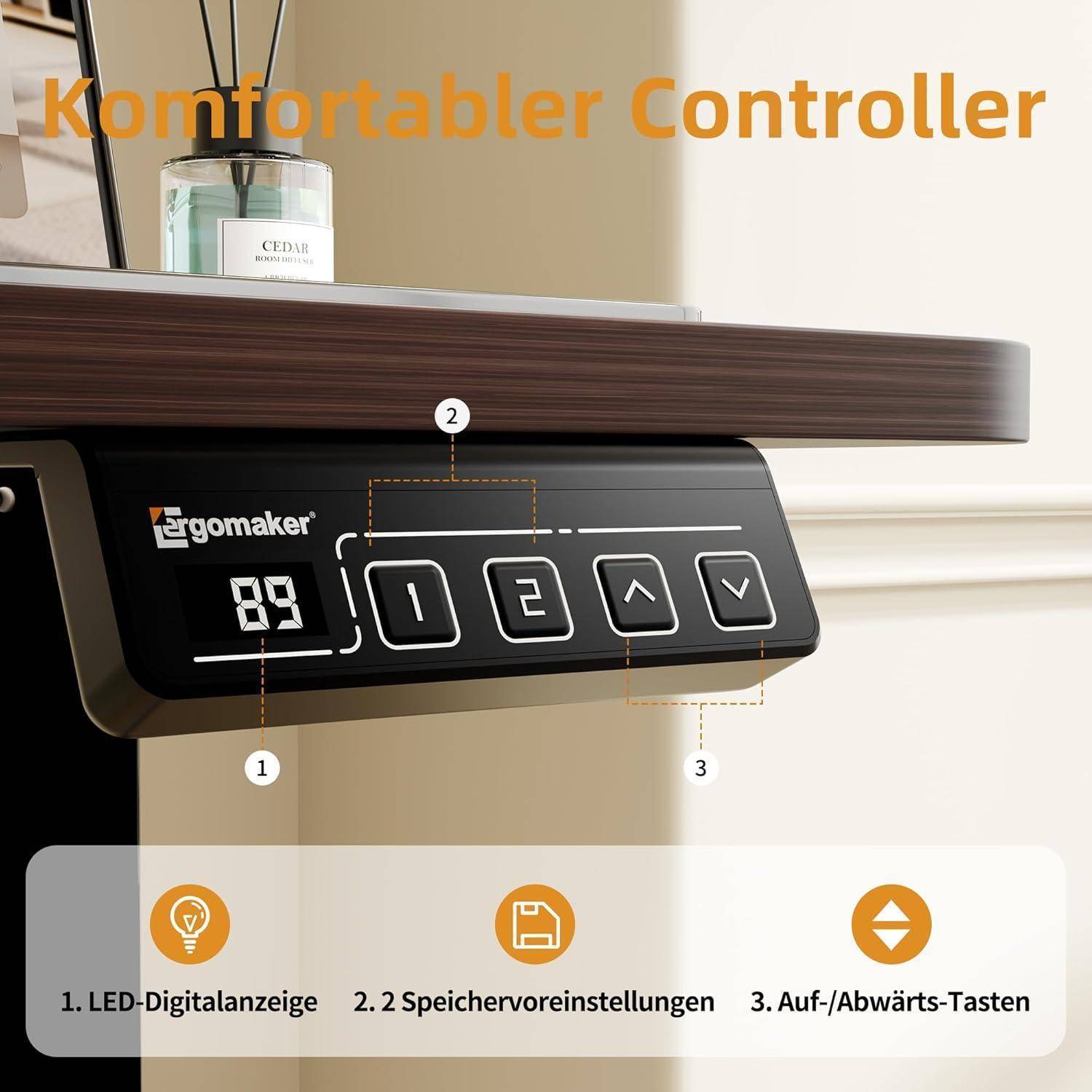 Das Bild des 'Komfortablen Controllers' zeigt eine Holztischplatte mit einem digitalen Ergomaker-Controller, der '89' anzeigt und Tasten für Speichereinstellungen und Höhenverstellung besitzt.