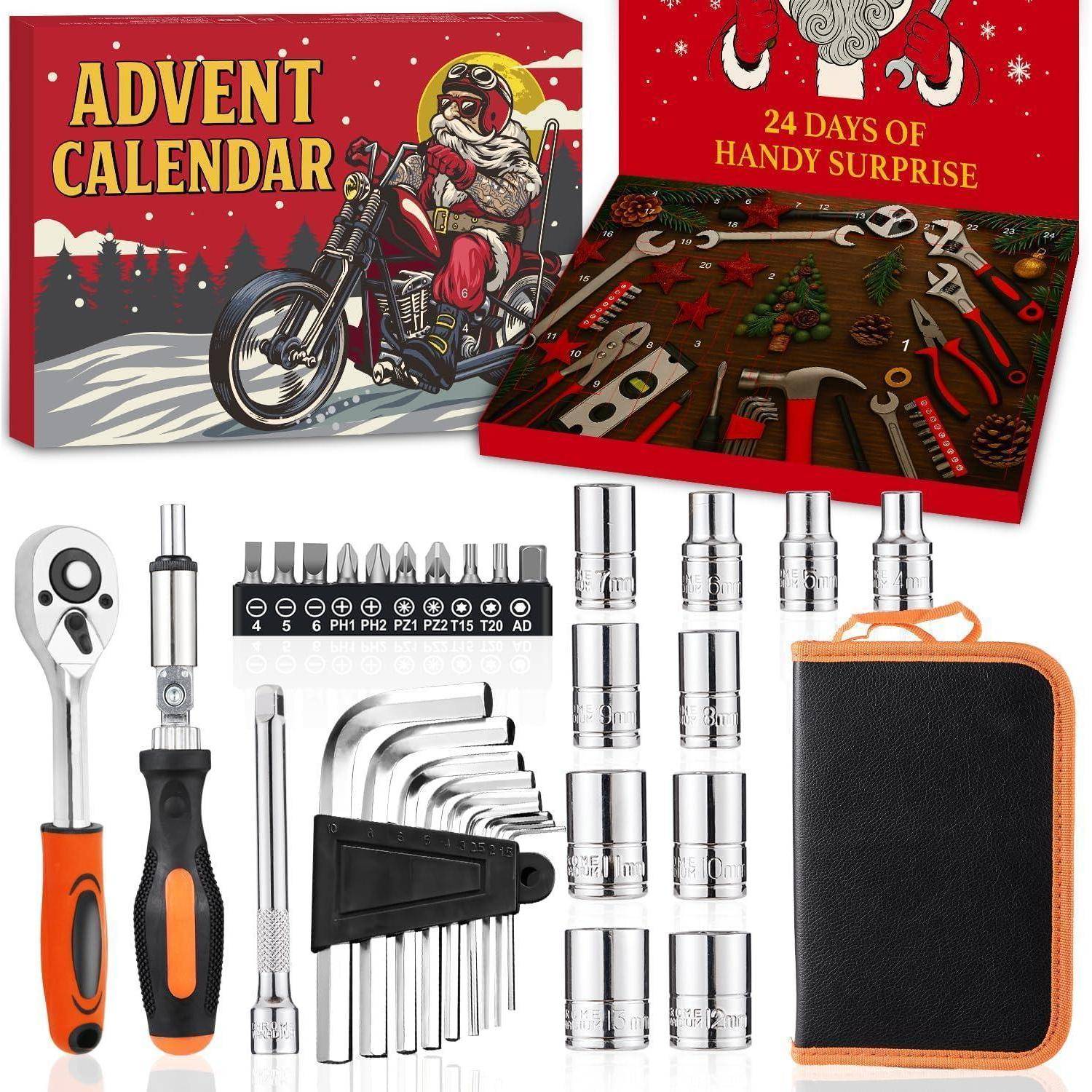Adventskalender-Box mit einem Motorrad-Bild neben einem Werkzeugset, das Schraubenschlüssel, Steckschlüssel und einen Ratsche umfasst, mit der Aufschrift 
