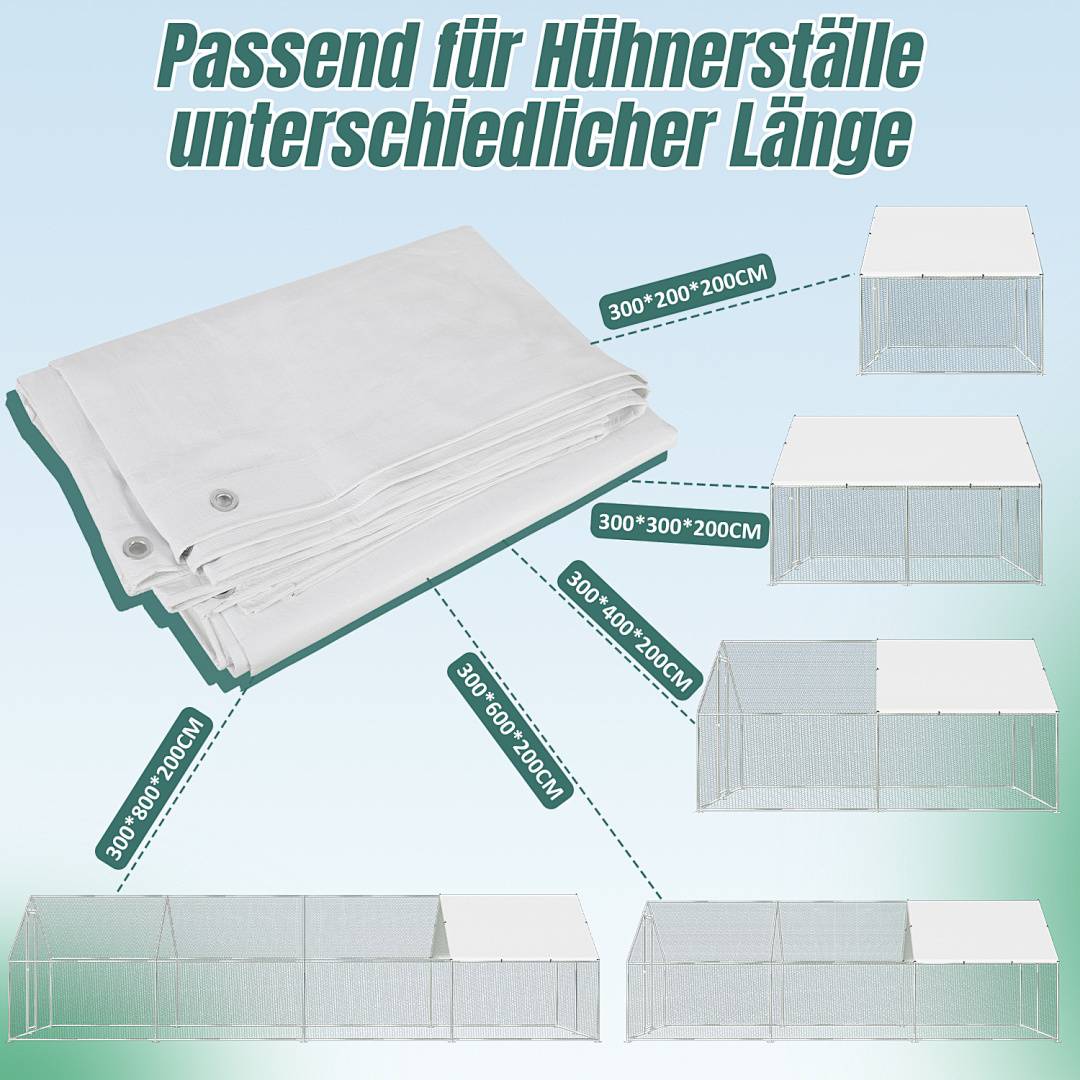 Wasserdichte Hühnerstall Abdeckung 3,43×2,0 m – UV-beständige PE Plane mit 14 Spanngummis, Reißfestes Wetterschutz-Dach für Hühnergehege, Ente