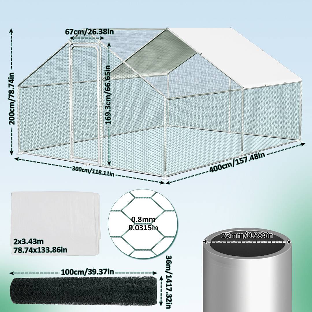 Großer Metallrahmen-Hühnerstall mit Abmessungen von 400 cm x 300 cm x 200 cm, ausgestattet mit Maschendrahtseitenwänden und einem Stoffdach. Enthält Maße und Komponenten.
