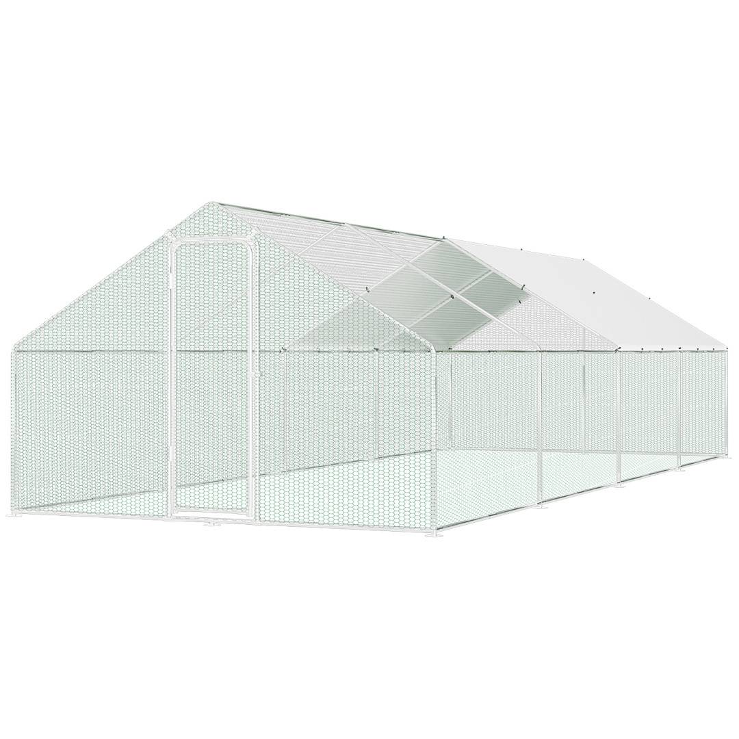 Ein Drahtgitter-Freigehege mit einem spitzen Dach, das eine Tür auf der linken Seite aufweist und für die Unterbringung von kleinen Tieren oder Vögeln konzipiert ist.