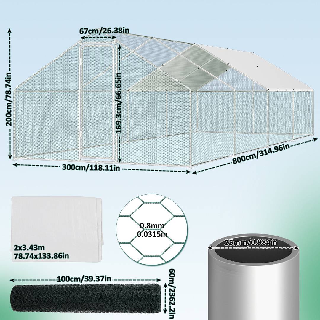 Diagramm einer großen Metallsechseck-Drahtnetzumzäunung mit Maßangaben; 3m x 2m Grundfläche und 2m Höhe, mit grüner Netzabdeckung.