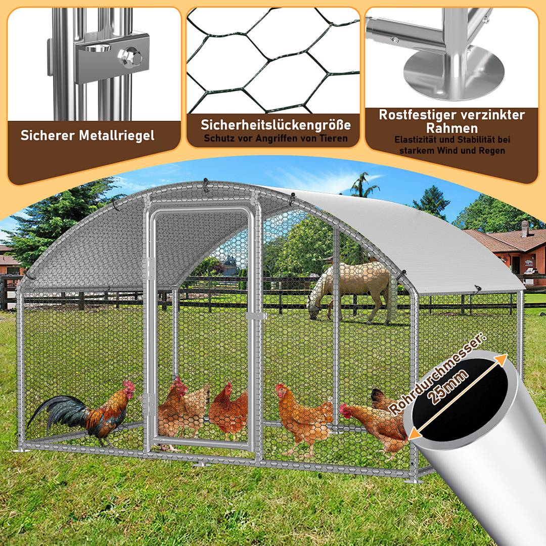 Sicherer Metallverschluss, Sicherheitsmaschendraht zur Tierabsicherung, rostbeständiger verzinkter Rahmen für Stabilität, zeigt einen Hühnerstall mit Hennen im Inneren und einem Pferd in der Nähe.