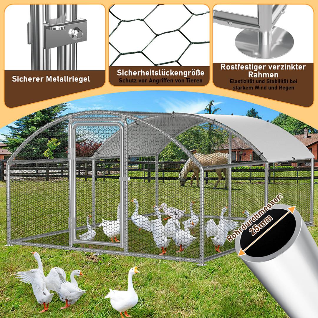 Ein eingezäunter Freigehege mit Gänsen im Inneren. Der Gehege hat einen Metallriegel, Maschendraht und einen wetterfesten, verzinkten Rahmen. Eine Detailansicht zeigt eine abgerundete Kante, beschriftet mit '26mm.