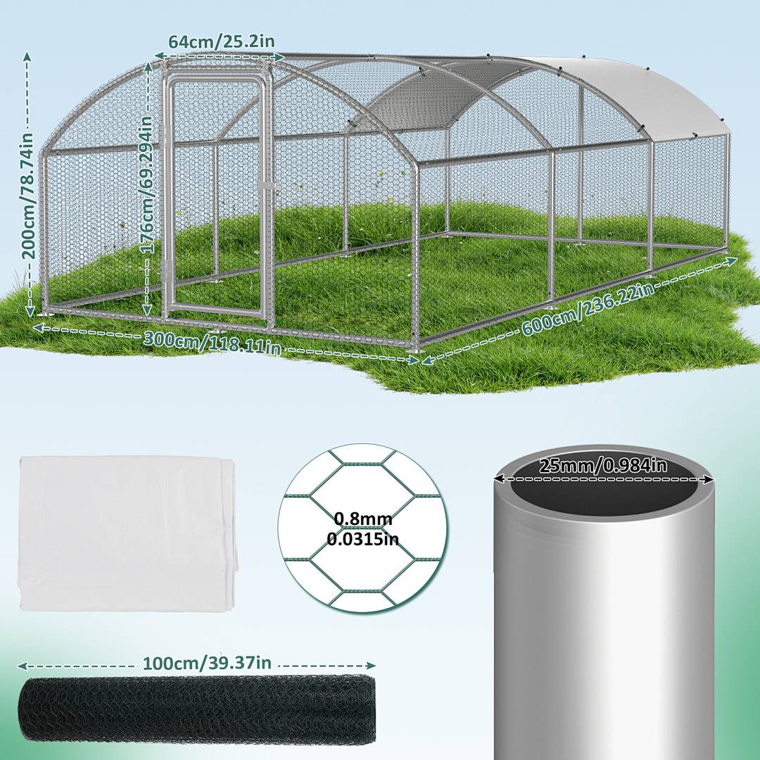 Großer Metallkäfig für den Außenbereich mit Maschendachkonstruktion auf einer Rasenfläche. Abmessungen: 600 cm x 300 cm. Beinhaltet Plane, Netz und Details zu kreisförmigen Rohrelementen.