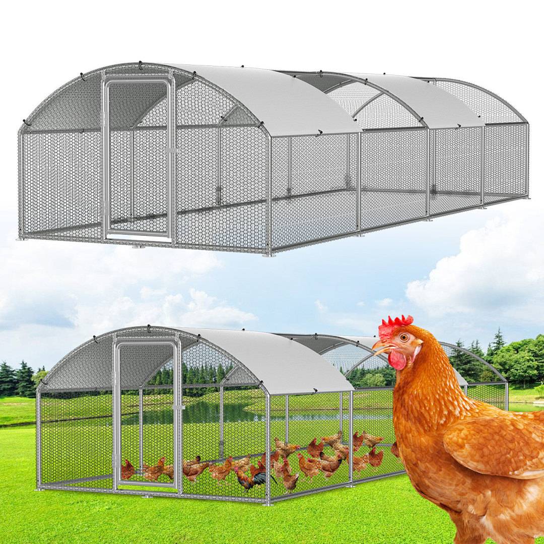 Großer Hühnerstall im Freien mit einem gebogenen Metalldach und Maschenseiten, auf grünem Gras platziert. Ein braunes Huhn steht im Vordergrund.