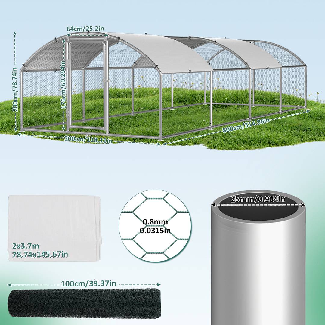 Gewächshaus mit Metallrahmen Abmessungen: 300cm x 198cm x 197cm (9,84ft x 6,49ft x 6,46ft), mit Meshabdeckung und rundem Stahlrohr, auf Rasen.
