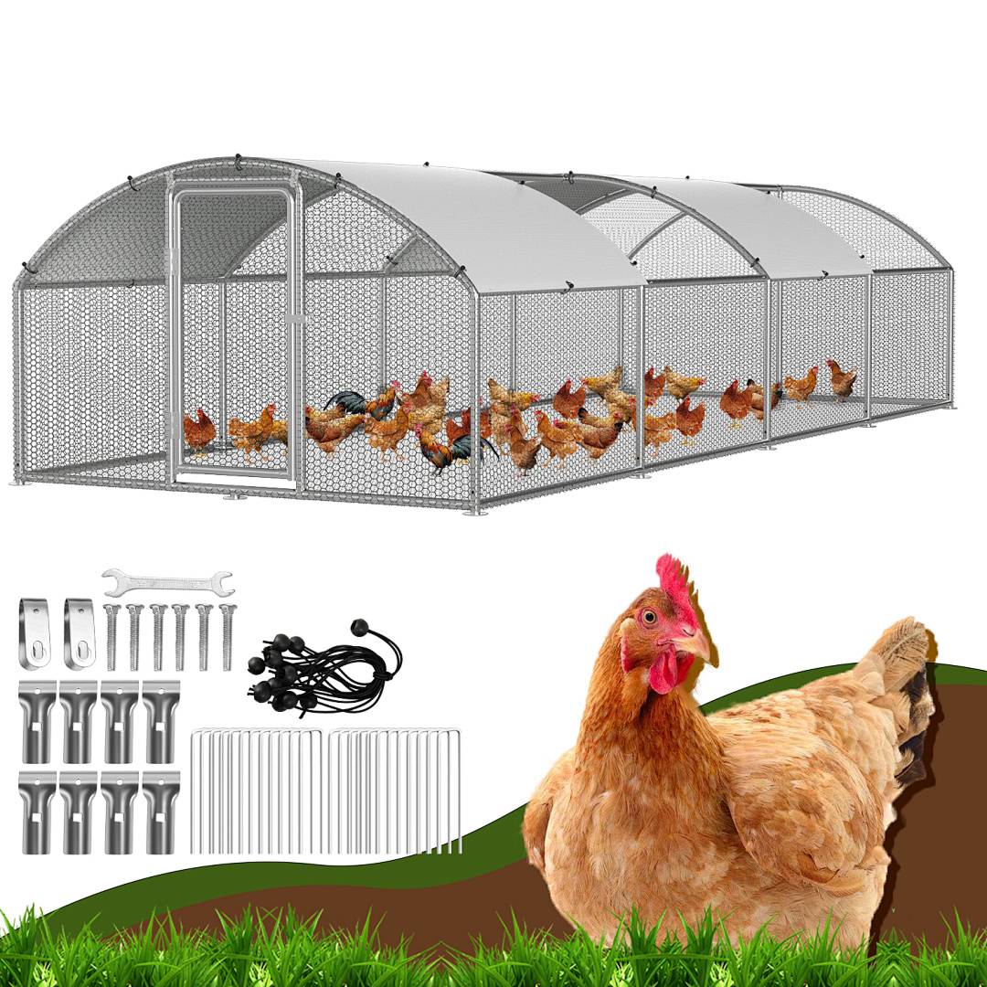 Metallischer Hühnerstall mit gewölbter Maschenumhausung und Türen, plus enthaltene Montageteile und eine Henne-Grafik darunter, die ein Geflügelauslauf-Set anzeigt.