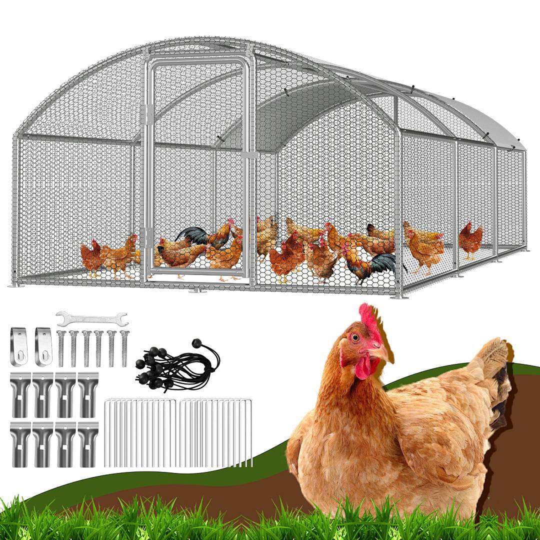 Ein großer Outdoor-Metallhühnerstall mit mehreren Hühnern im Inneren. Ein braunes Huhn steht im Vordergrund. Montagekomponenten unten abgebildet.