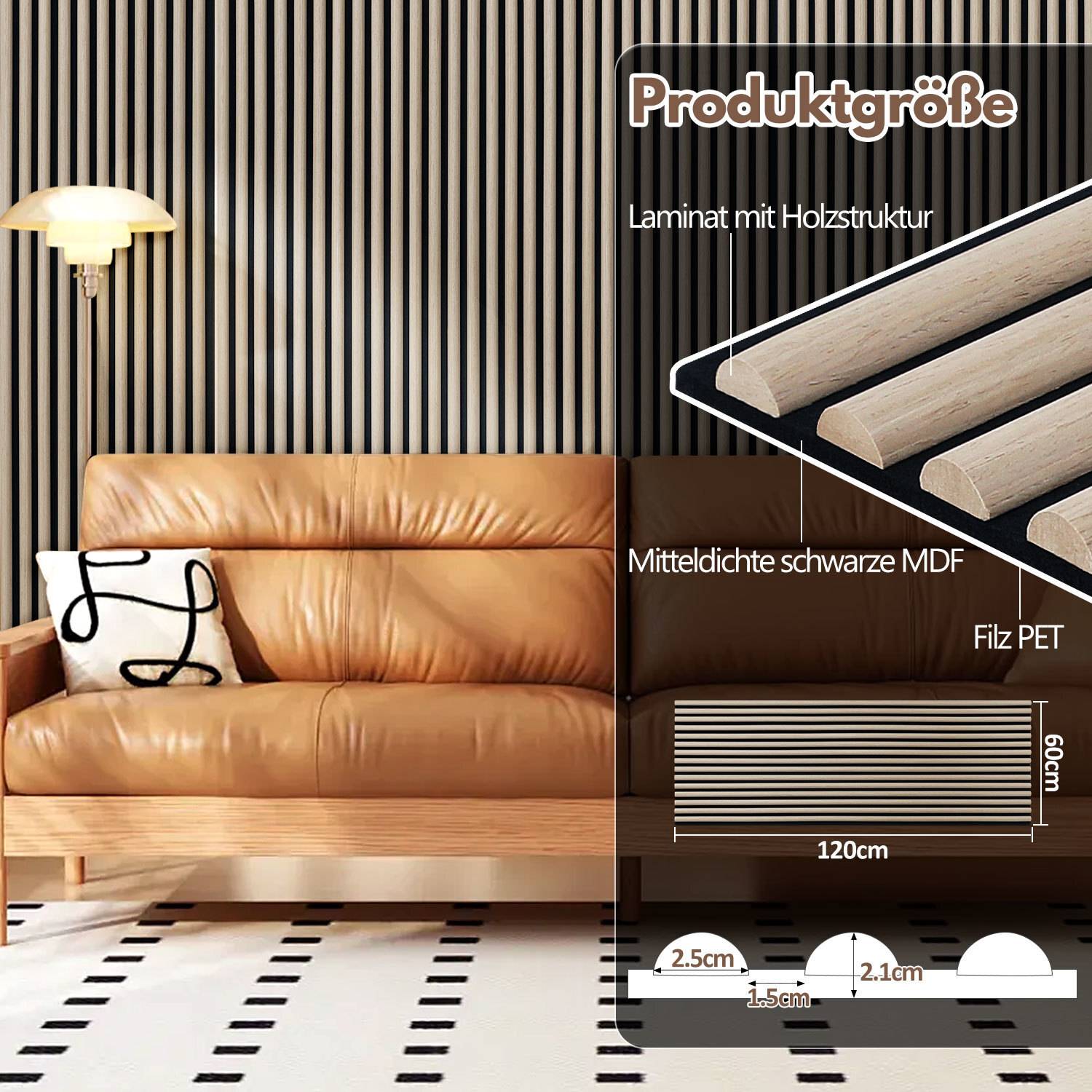 Ein modernes Wohnzimmer mit einem braunen Ledersofas, schwarz-weißer Dekoration und holzartigen Laminat-Wandpaneelen. 'Produktgröße' mit angezeigten Produktabmessungen.