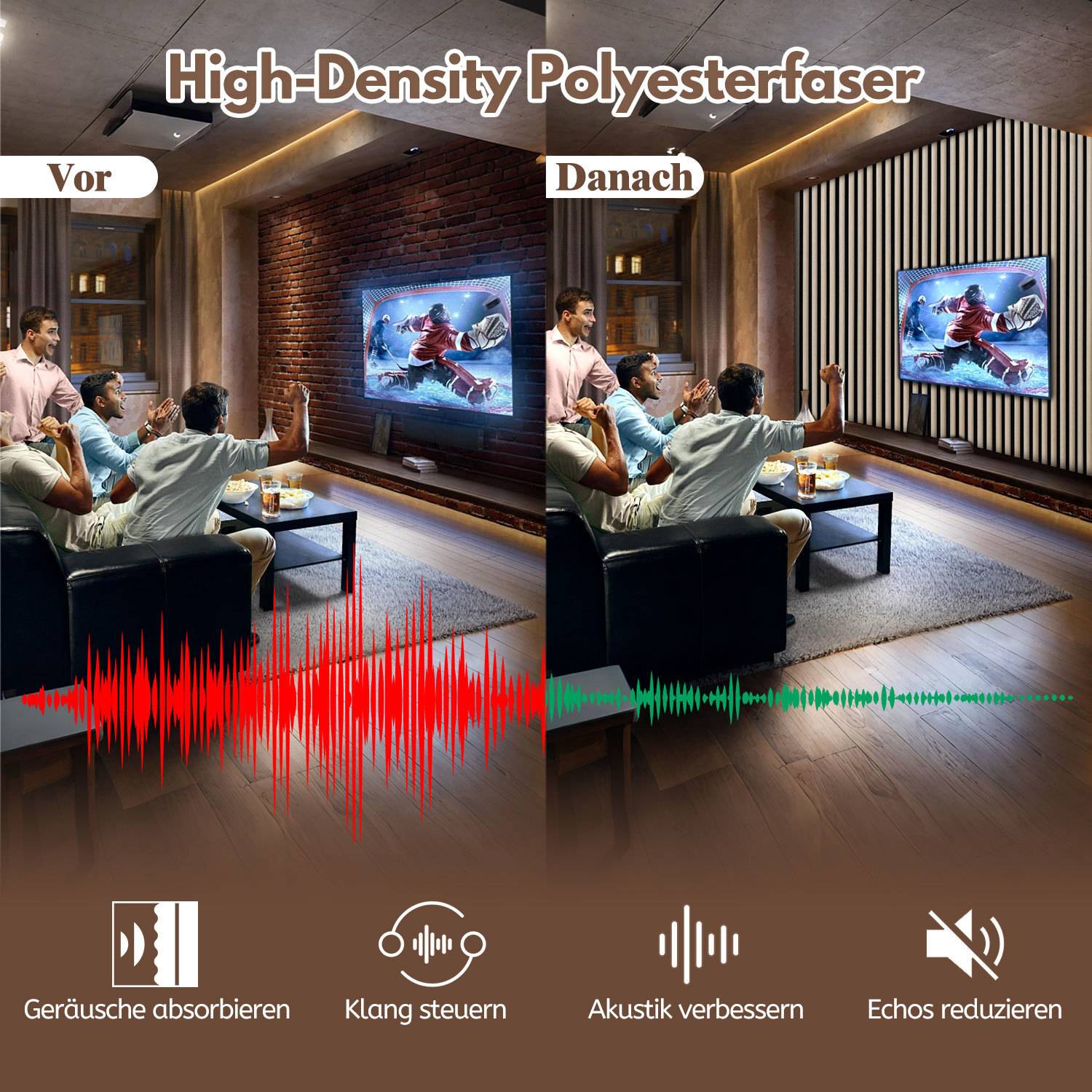 Eine Familie schaut Fernsehen in einem Raum. Das Bild ist geteilt: Die linke Seite 