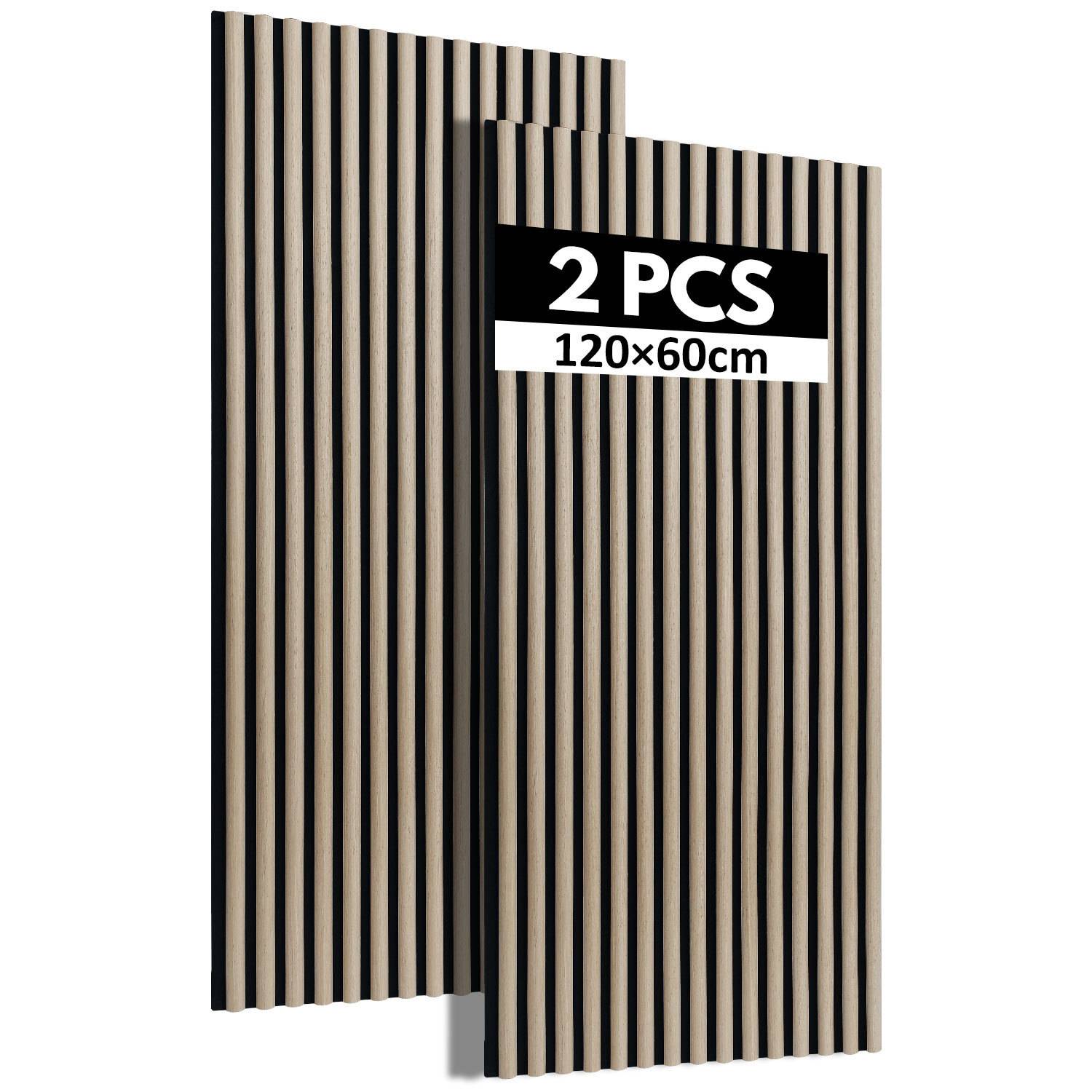 Zwei holzakzentuierte Wandpaneele mit vertikalen Rillen. Text lautet: 2 STK 120x60cm.