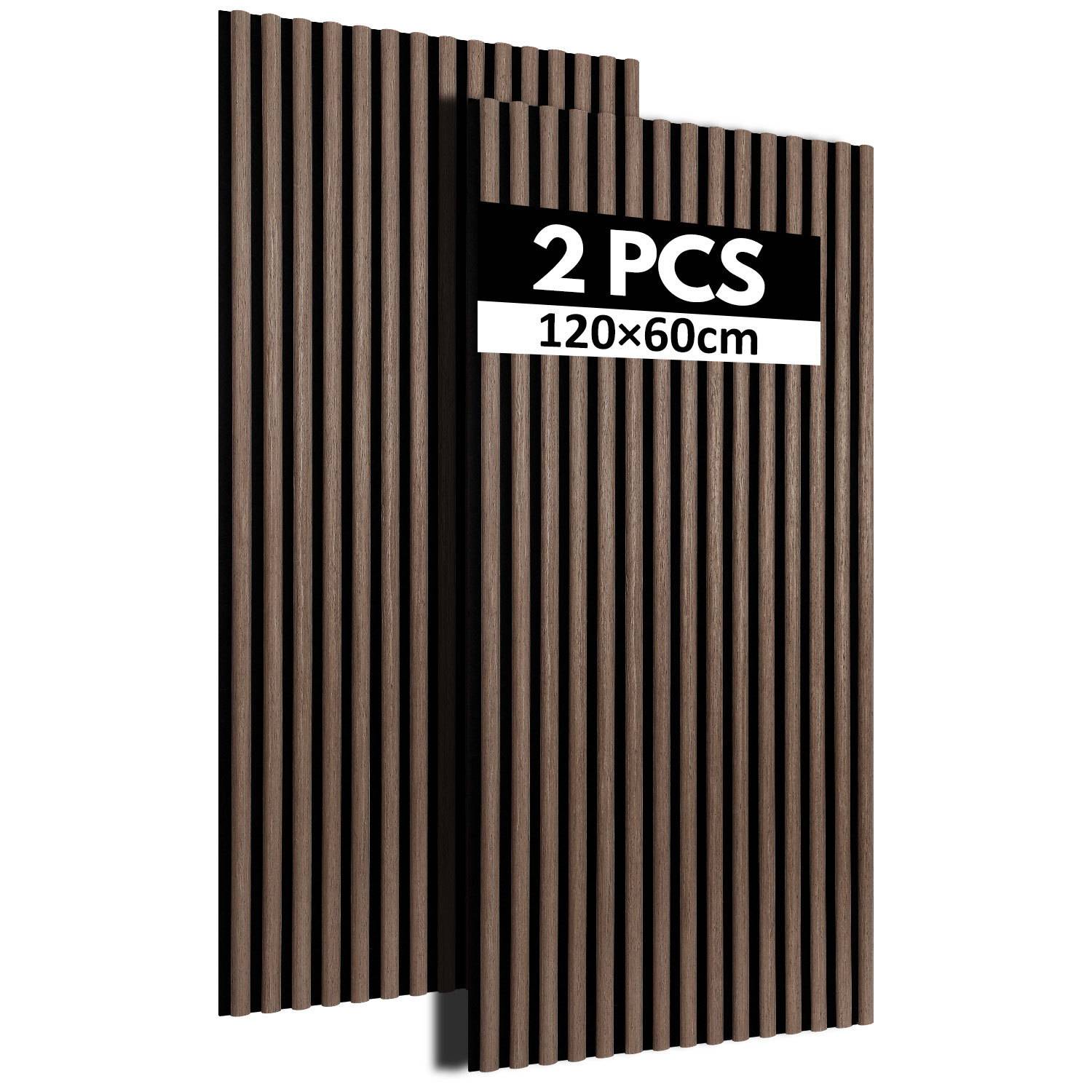 Zwei braune Holzpaneele mit vertikalen Rillen. Eine Beschriftung zeigt '2 Stk. 120×60cm', was die Größe und Anzahl der Paneele angibt.