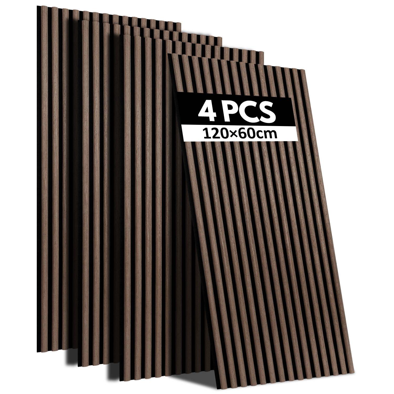 Vier rechteckige Holzpaneele mit vertikalen Streifen, gekennzeichnet mit 4 STK 120x60cm, übereinander gestapelt, wobei Größe und Muster hervorgehoben werden.
