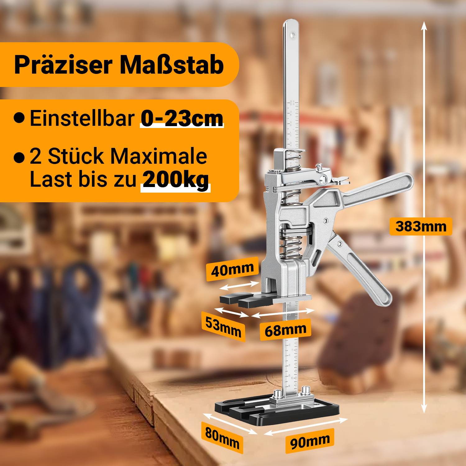 Ein präzises Messwerkzeug mit einstellbarem Bereich von 0-23 cm, das bis zu 200 kg tragen kann. Abmessungen für verschiedene Teile hervorgehoben.