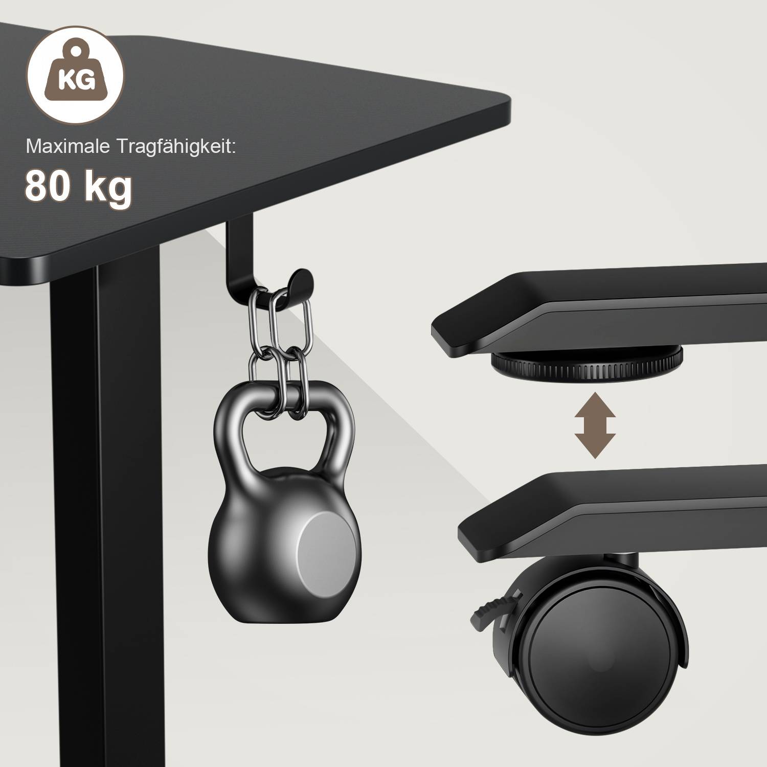 Grafik zeigt einen Schreibtisch mit einer daran hängenden Kettlebell, gekennzeichnet mit „Maximale Tragfähigkeit: 80 kg", plus eine Nahaufnahme eines verstellbaren Nivellierfußes mit Auf-/Ab-Pfeilen.