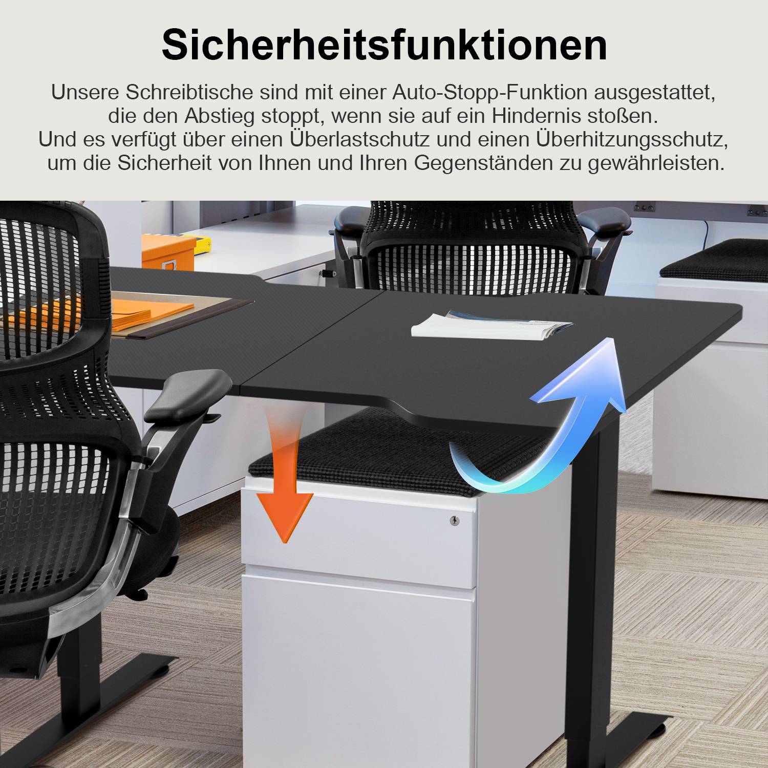 Grafikelement für Sicherheitsmerkmale eines deutschen Bürotisches, das automatische Stopp, Kollisionserkennung und Kollisionsschutz/Überladschutz mit Pfeilen zeigt, die die Bewegung andeuten.