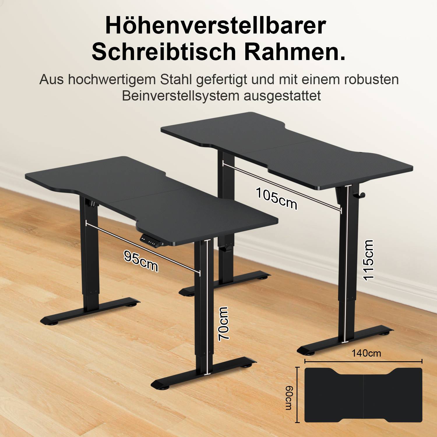 Höhenverstellbares Schreibtischgestell aus hochwertigem Stahl mit robustem Beinverstellsystem. Abmessungen: Höhe max. 115 cm, Breite 95-140 cm, Tiefe 60 cm.
