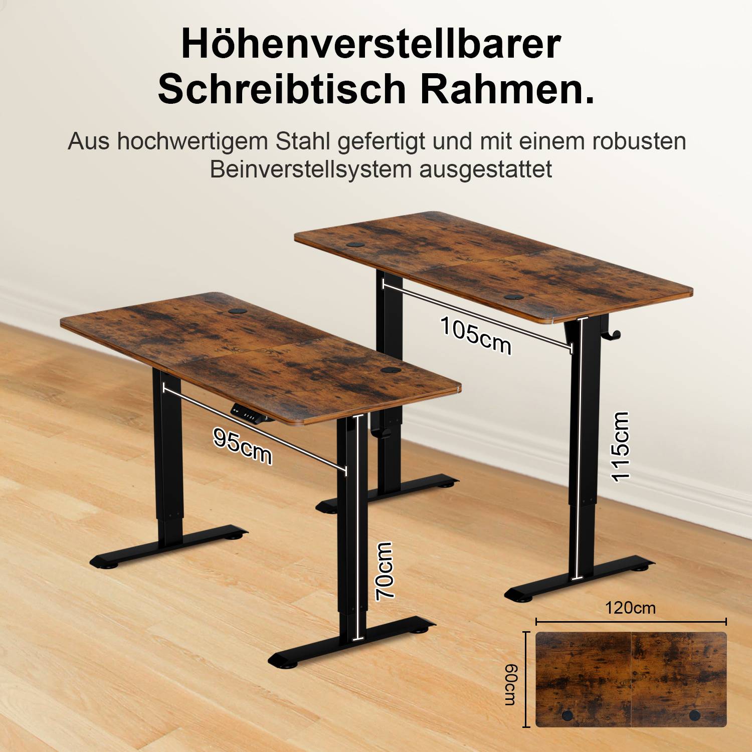 Höhenverstellbarer Schreibtischrahmen aus hochwertigem Stahl mit robustem Beinverstellsystem. Zwei Holzschreibtische mit Abmessungen: 95 cm/105 cm Länge, 60 cm Breite, höhenverstellbar von 70 cm bis 115 cm.