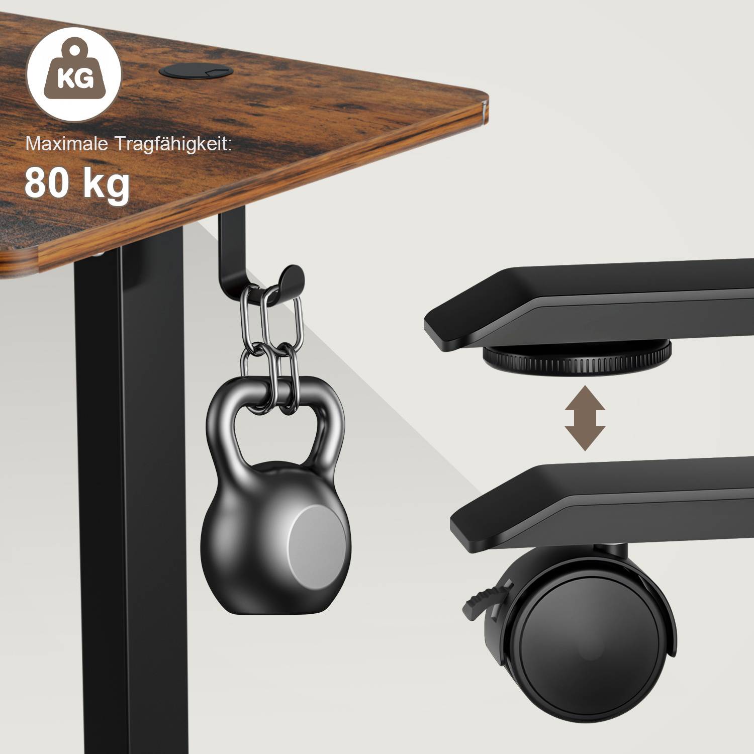 Schreibtischkante mit einem Haken, der ein Gewicht trägt, mit Beschriftung der maximalen Traglast von 80 kg. Nahaufnahme eines Feststellrollen-Mechanismus zur Stabilisierung.
