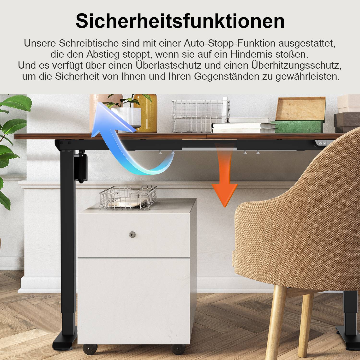 Ein verstellbarer Schreibtisch mit einer Funktion, die Kollisionen verhindert, indem er stoppt, wenn Hindernisse erkannt werden. Pfeile zeigen die Bewegungserkennung an.