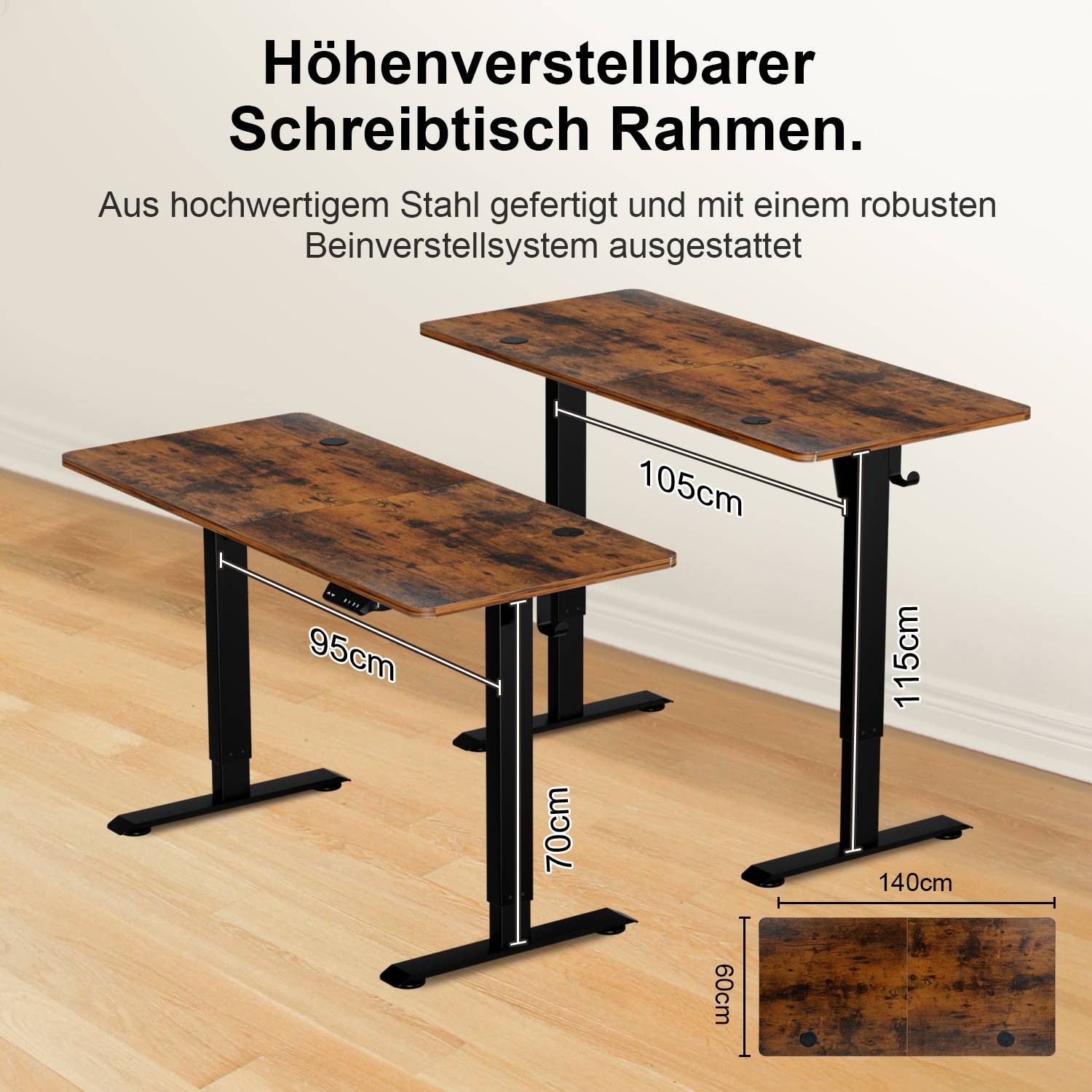 Zwei Holz-Schreibtische mit verstellbaren Gestellen und Metallrahmen in einem Raum. Abmessungen: Ein Schreibtisch 95cm x 70cm, der andere 105cm x 115cm. Bodenfläche dargestellt als 140cm x 60cm. Text auf Deutsch beschreibt die Materialqualität.