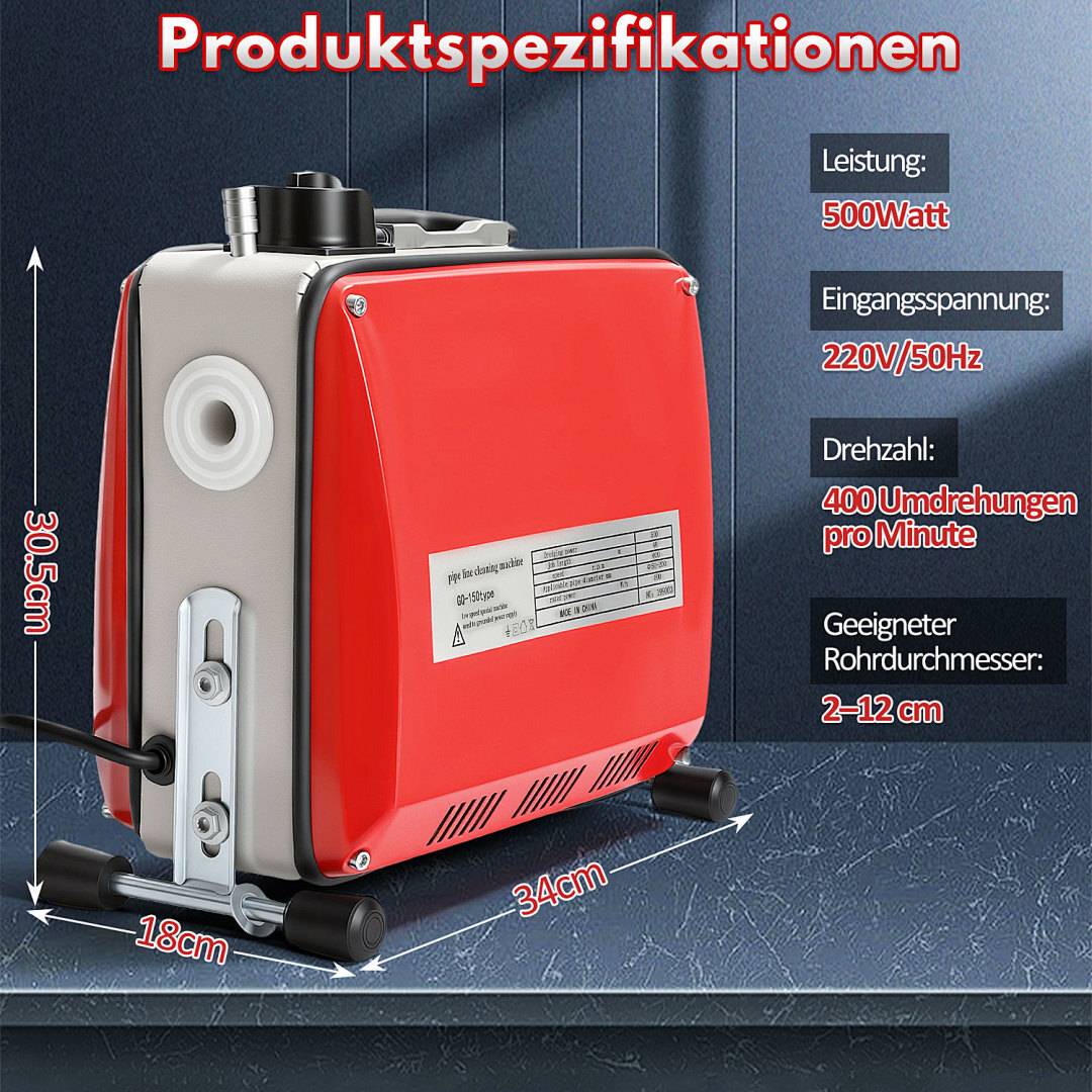Rotes Gerät mit Spezifikationen: 'Produktspezifikationen'. Abmessungen: 30,5 cm x 34 cm x 18 cm. Leistung: 500 Watt, 220 V/50 Hz. Geschwindigkeit: 400 Umdrehungen pro Minute. Geeigneter Rohrdurchmesser: 2-12 cm.